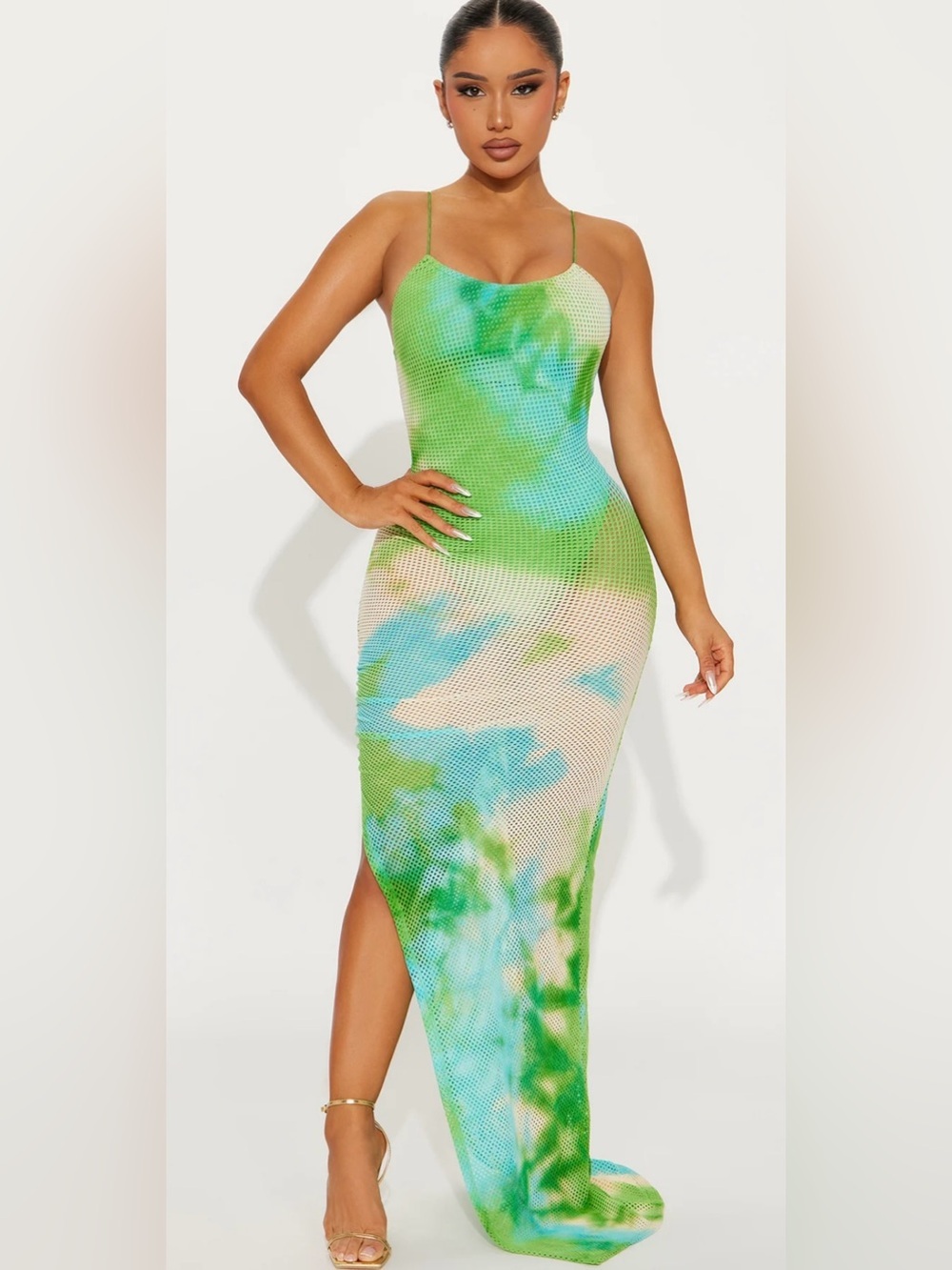 Fashion Nova Sending My Love Ruched Mesh Maxi Dress - Green Blue Combo size M